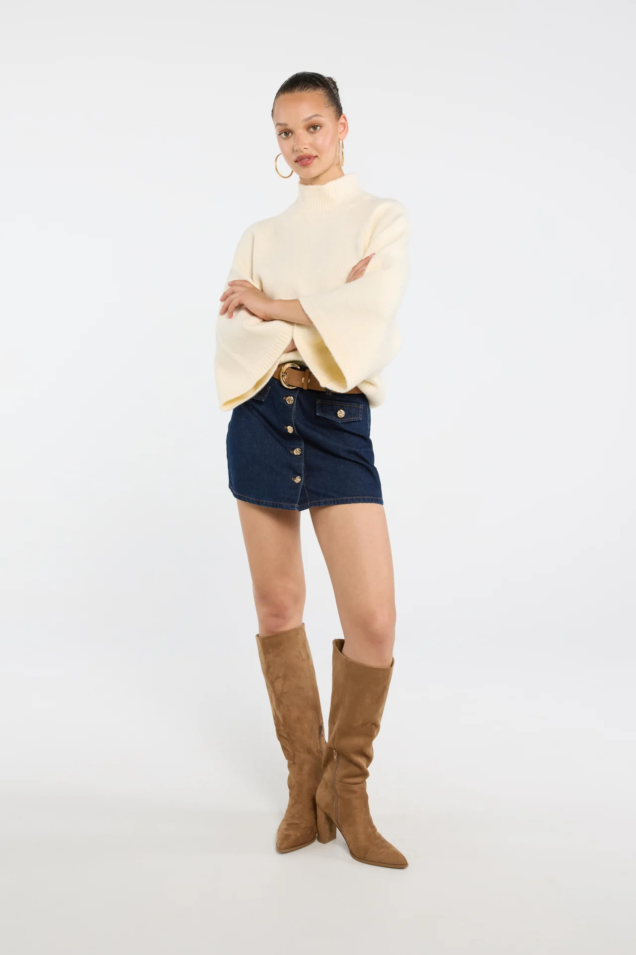 Women Mock Neck Wide Flare Sleeve Knit Sweater, Oversized Loose Fit Pullover Top