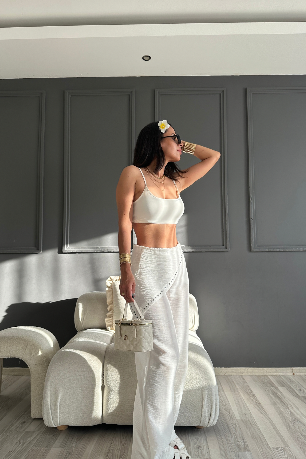 Studded Wrap Overlay Flowy Wide Leg Pants