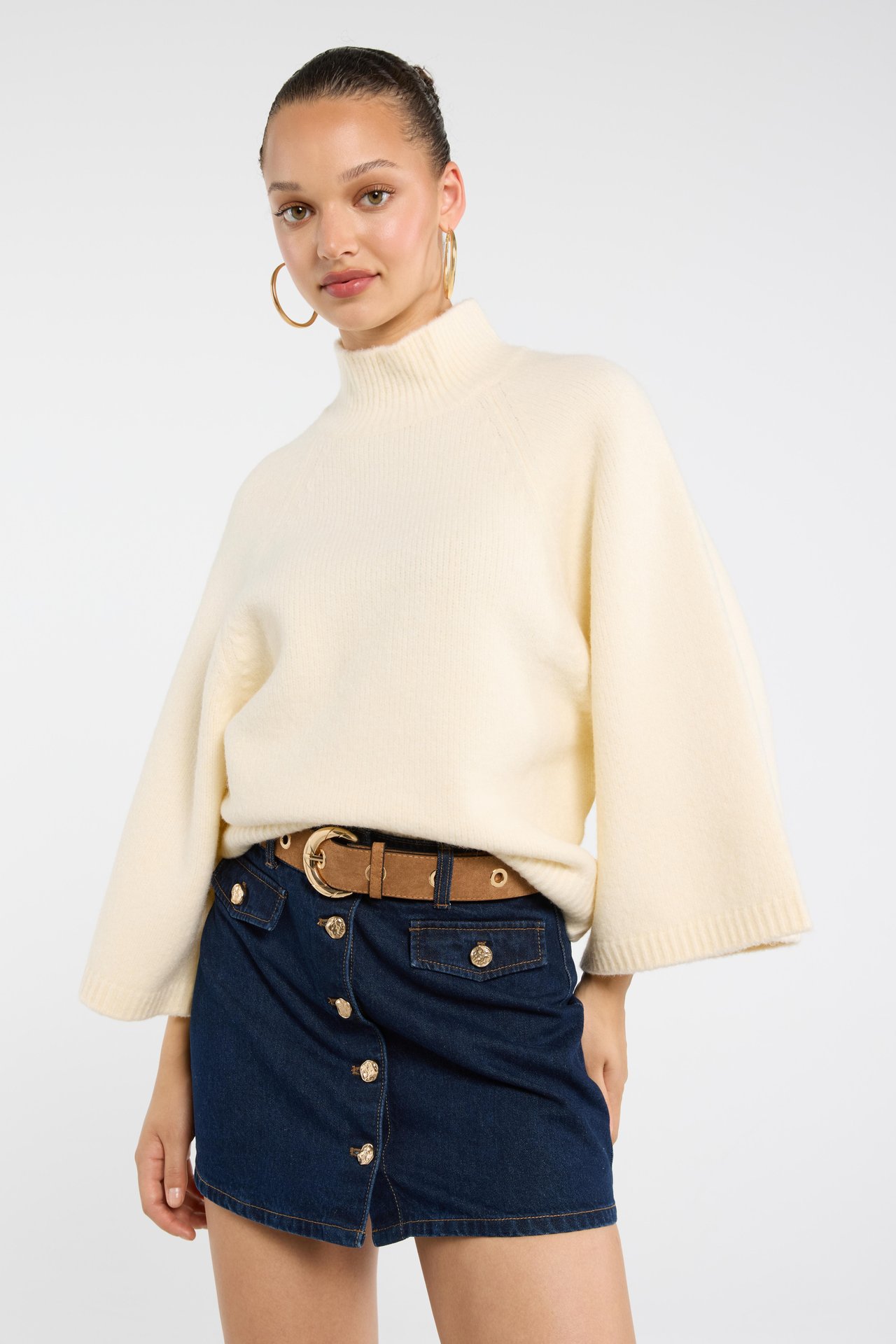 Women Mock Neck Wide Flare Sleeve Knit Sweater, Oversized Loose Fit Pullover Top