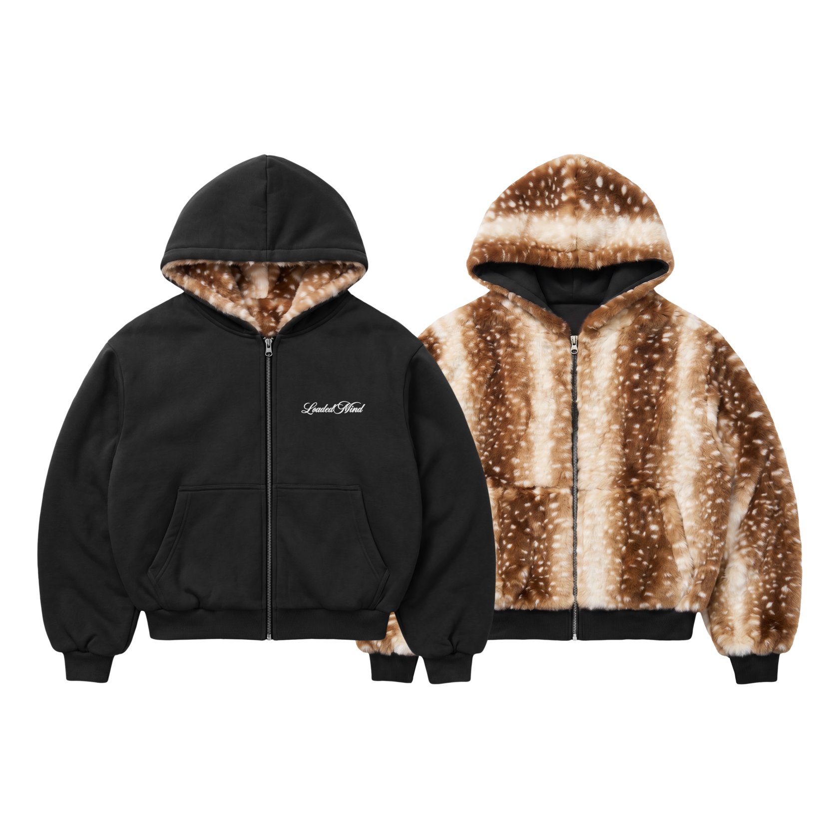Vintage Sika Deer Print Reversible Furry Hoodie