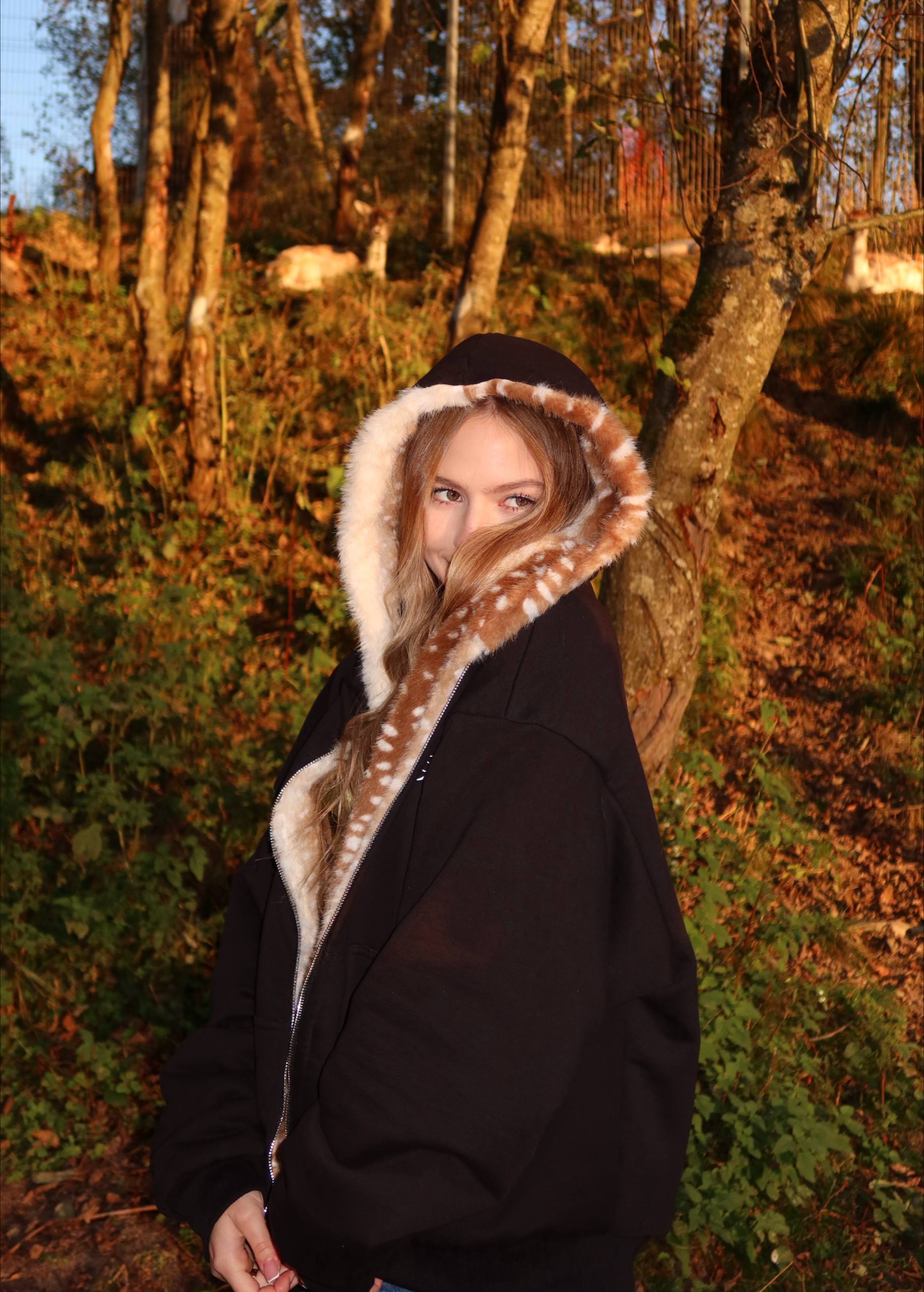 Vintage Sika Deer Print Reversible Furry Hoodie