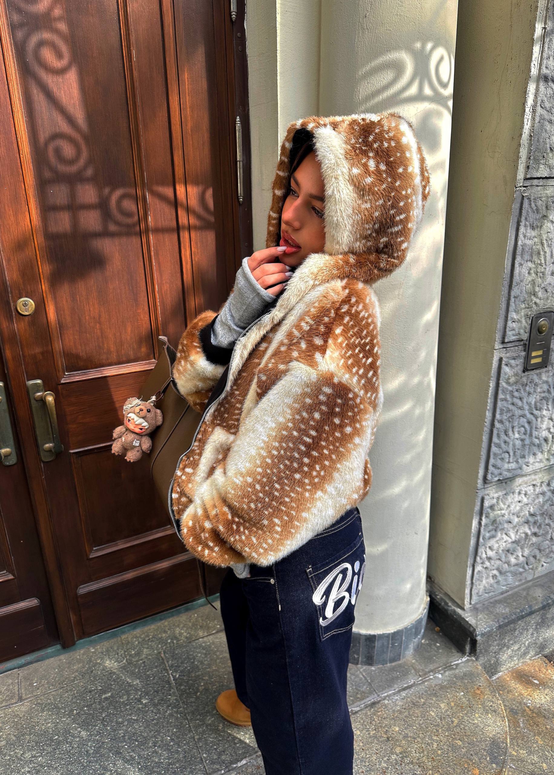 Vintage Sika Deer Print Reversible Furry Hoodie