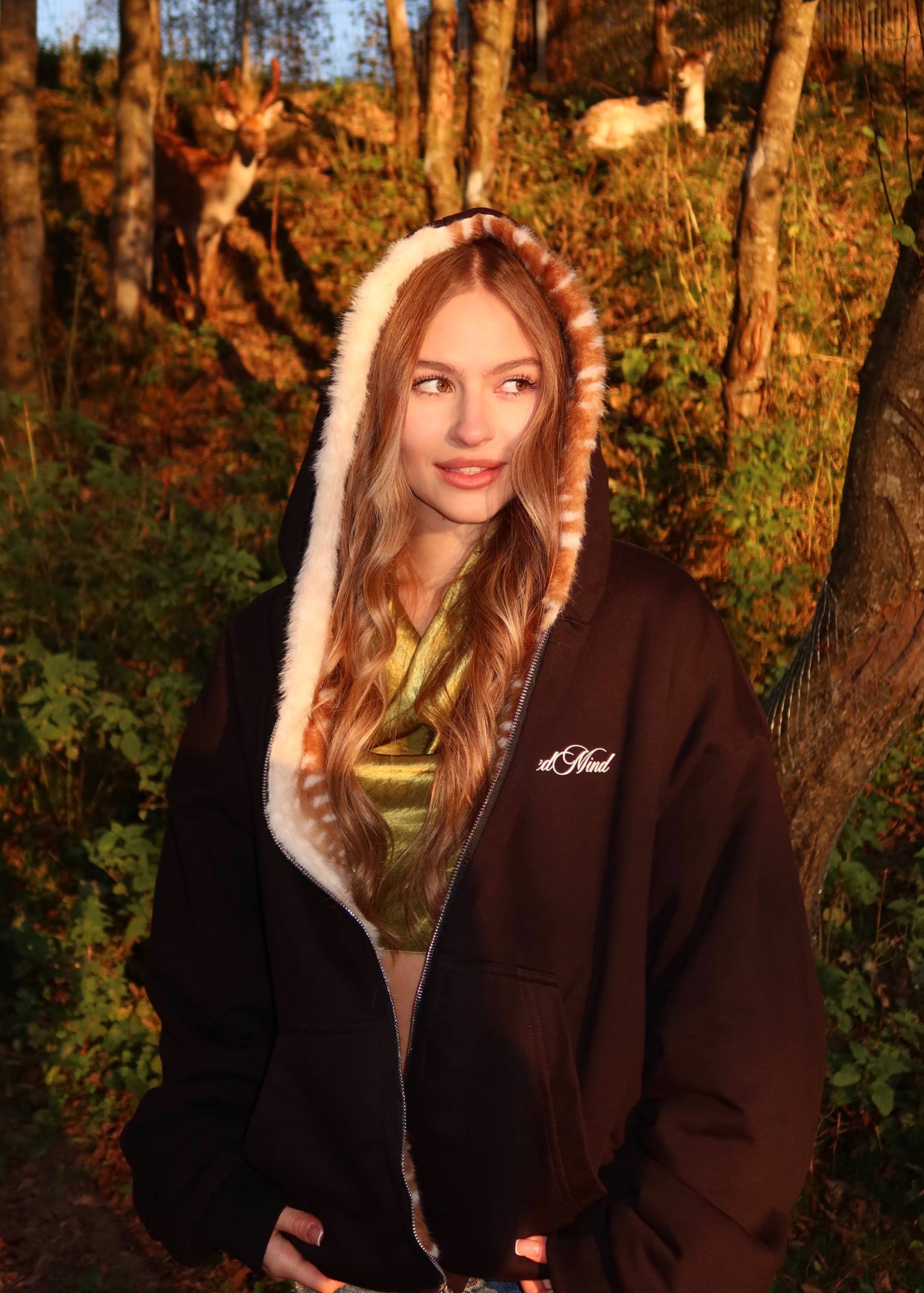 Vintage Sika Deer Print Reversible Furry Hoodie
