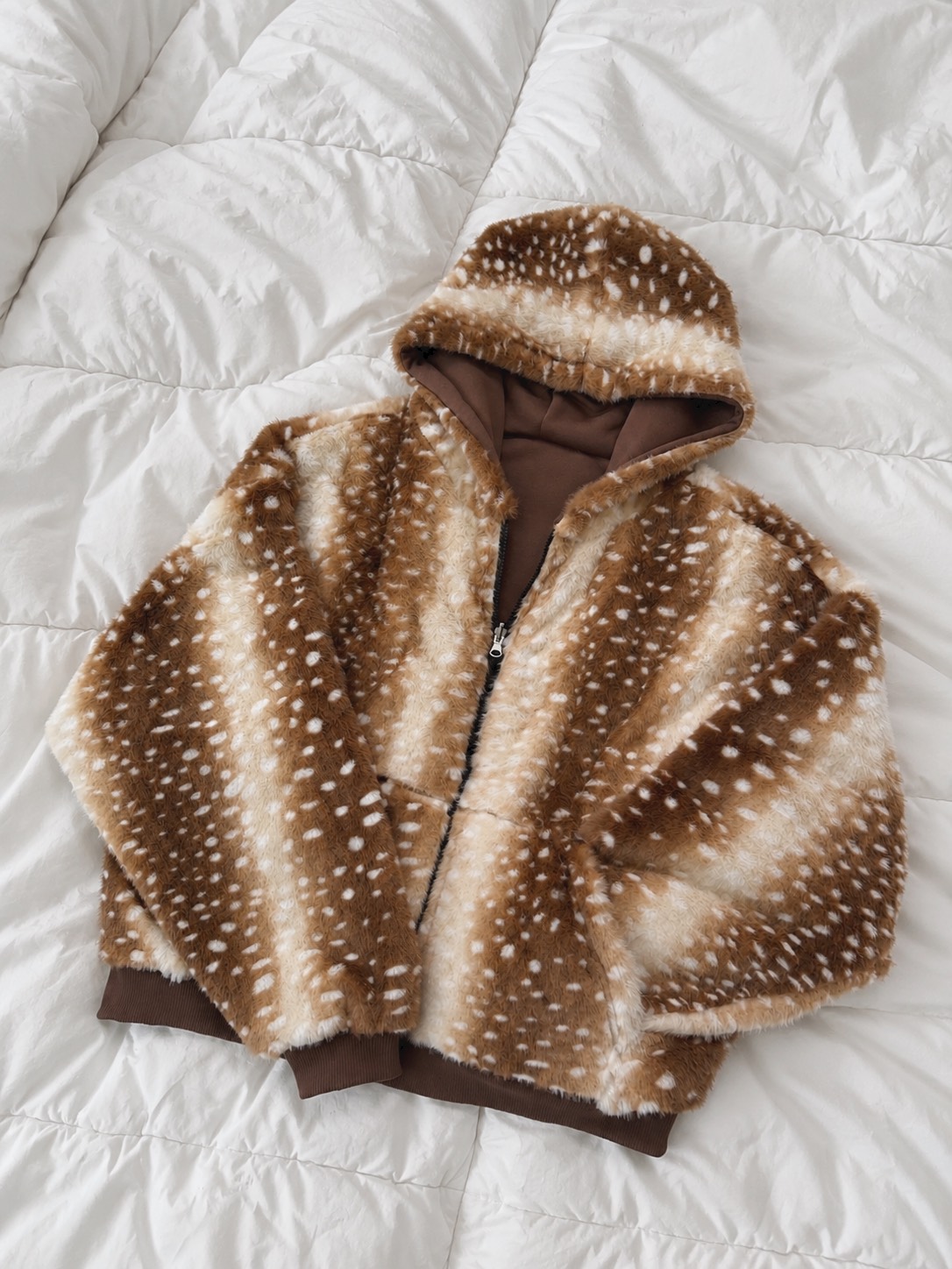Vintage Sika Deer Print Reversible Furry Hoodie