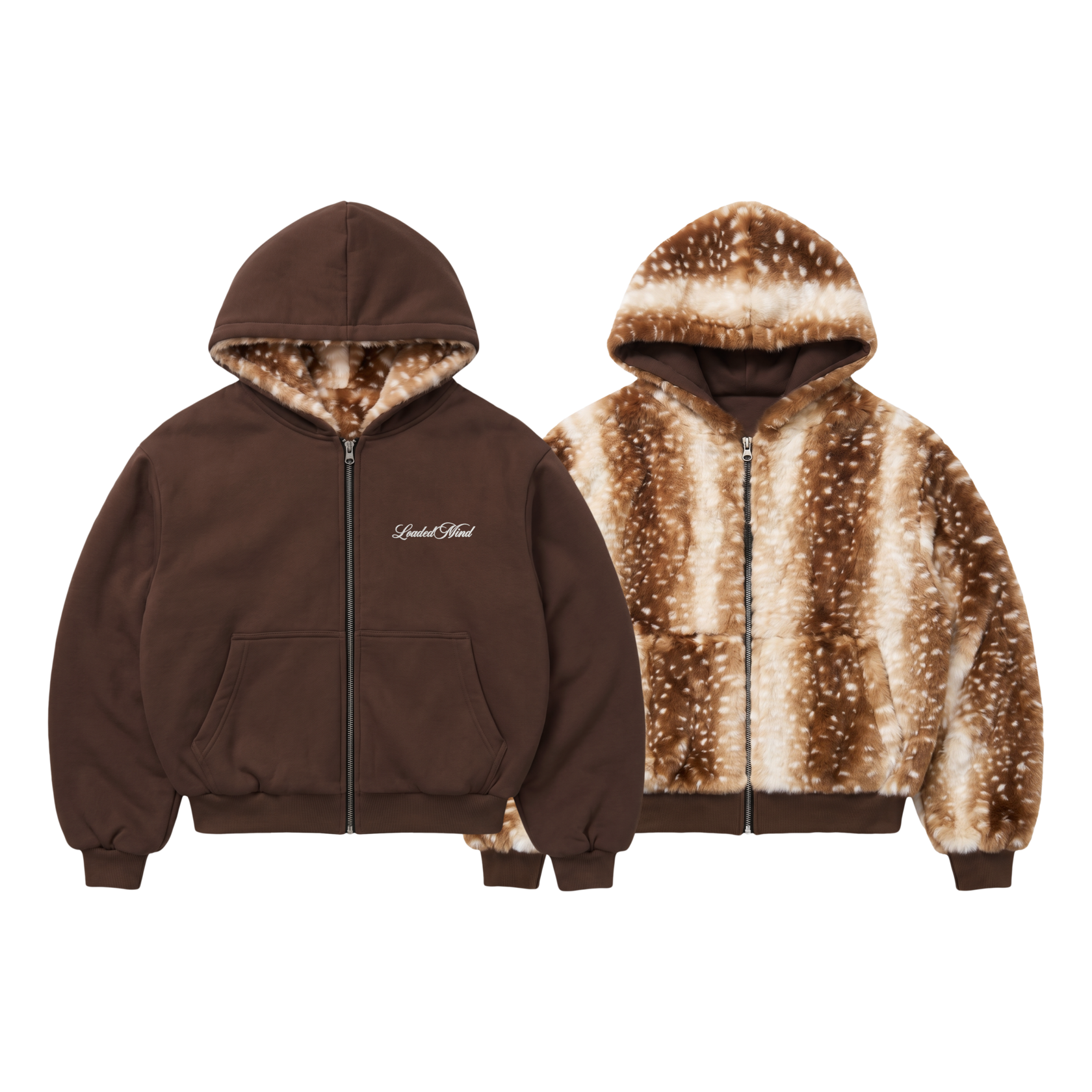 Vintage Sika Deer Print Reversible Furry Hoodie