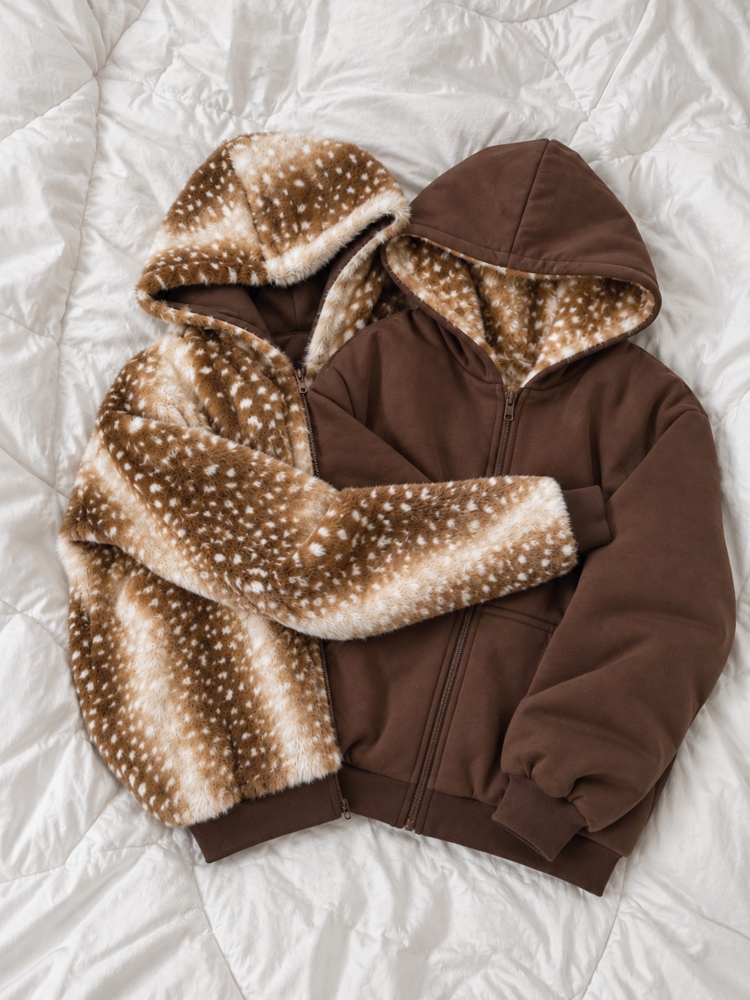 Vintage Sika Deer Print Reversible Furry Hoodie