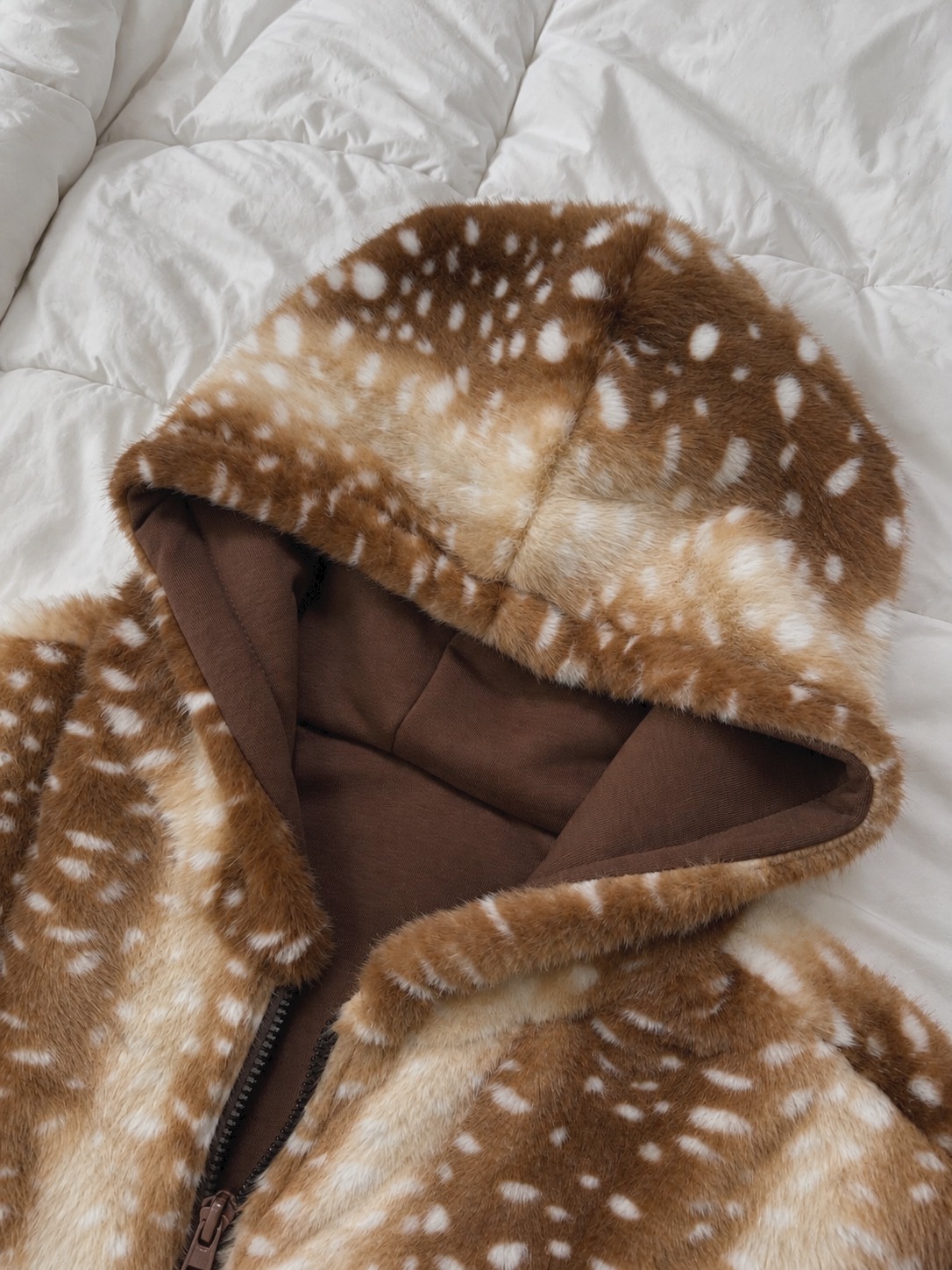 Vintage Sika Deer Print Reversible Furry Hoodie