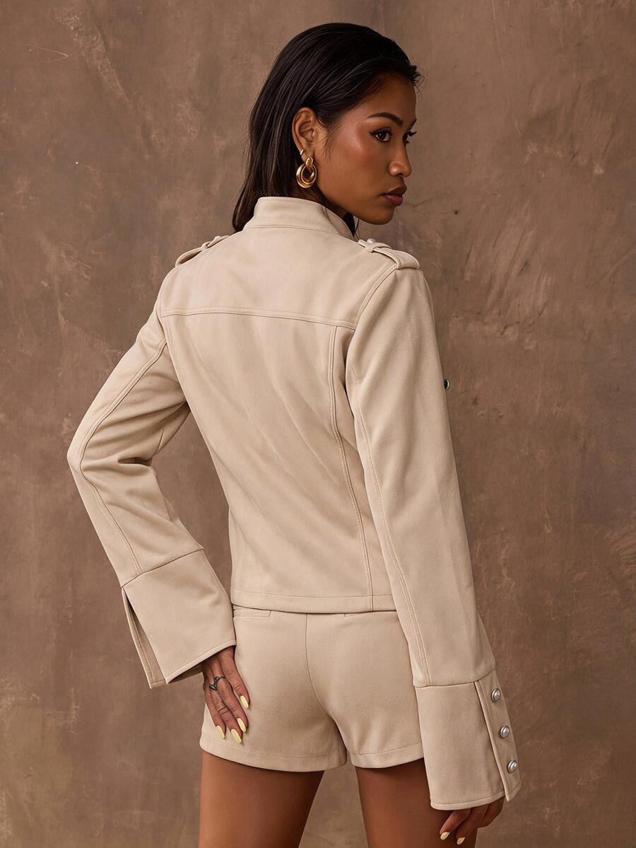 Retro Napoleon Military Faux Suede Cropped Jacket