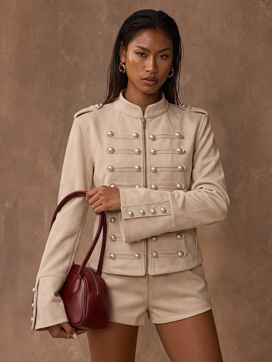 Retro Napoleon Military Faux Suede Cropped Jacket