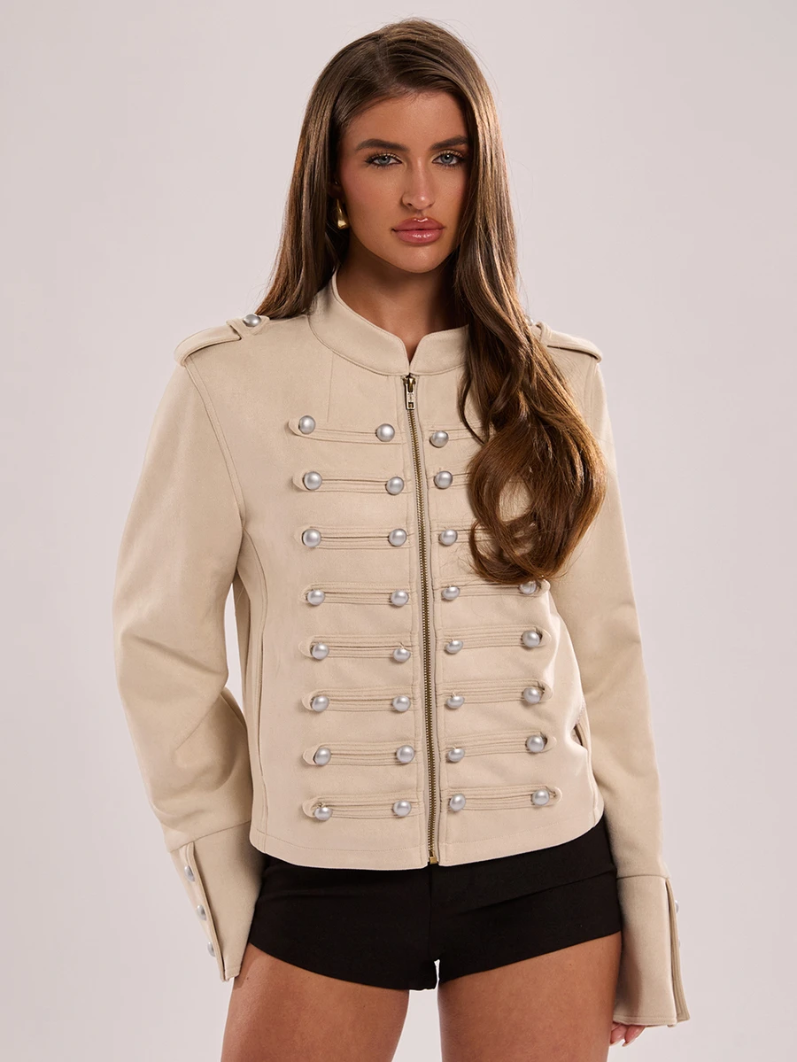Retro Napoleon Military Faux Suede Cropped Jacket