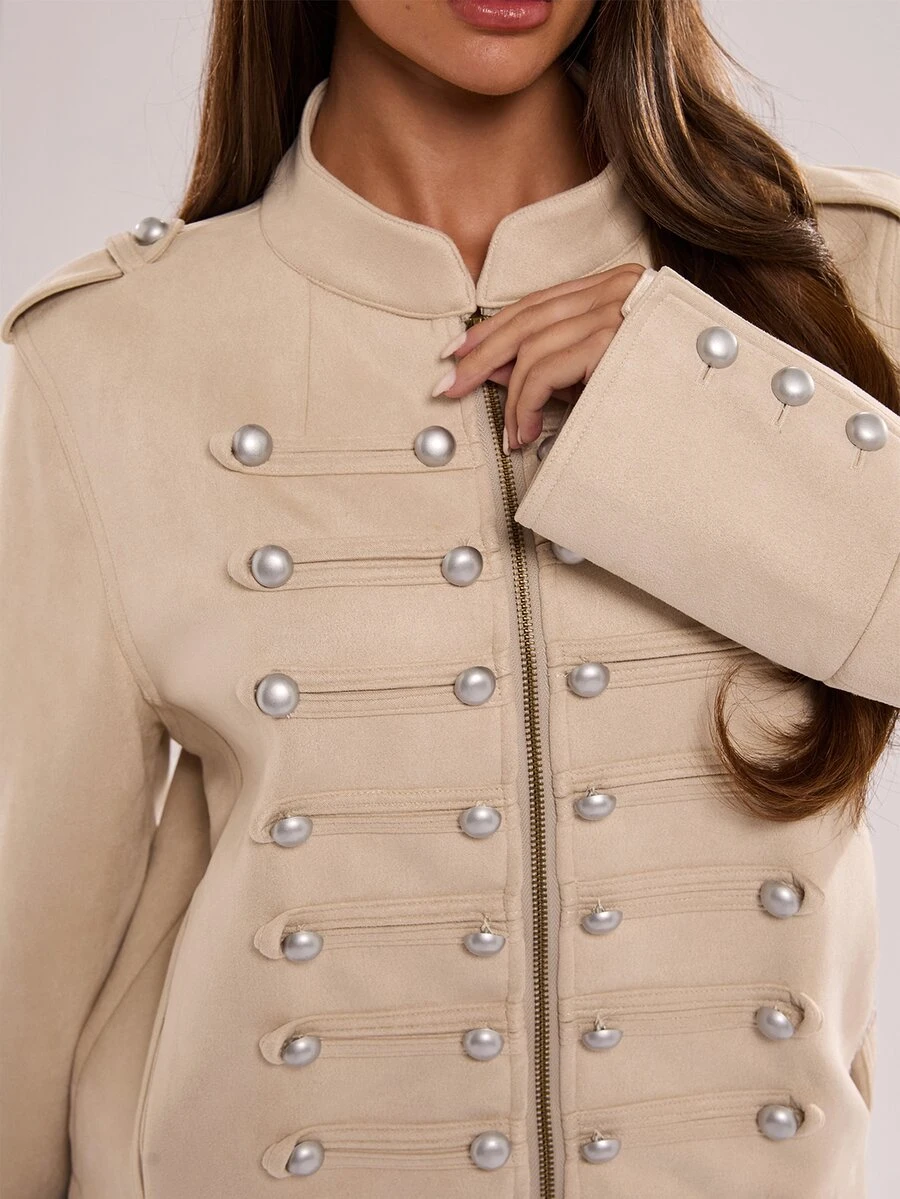 Retro Napoleon Military Faux Suede Cropped Jacket