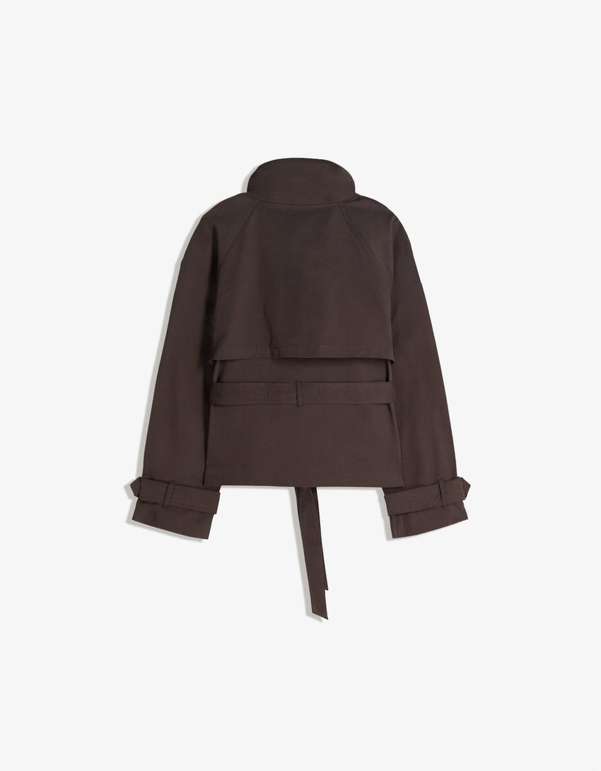 Cropped Trench Coat for Women, Stand Collar Double Breasted Belted Short Windbreaker Jacket