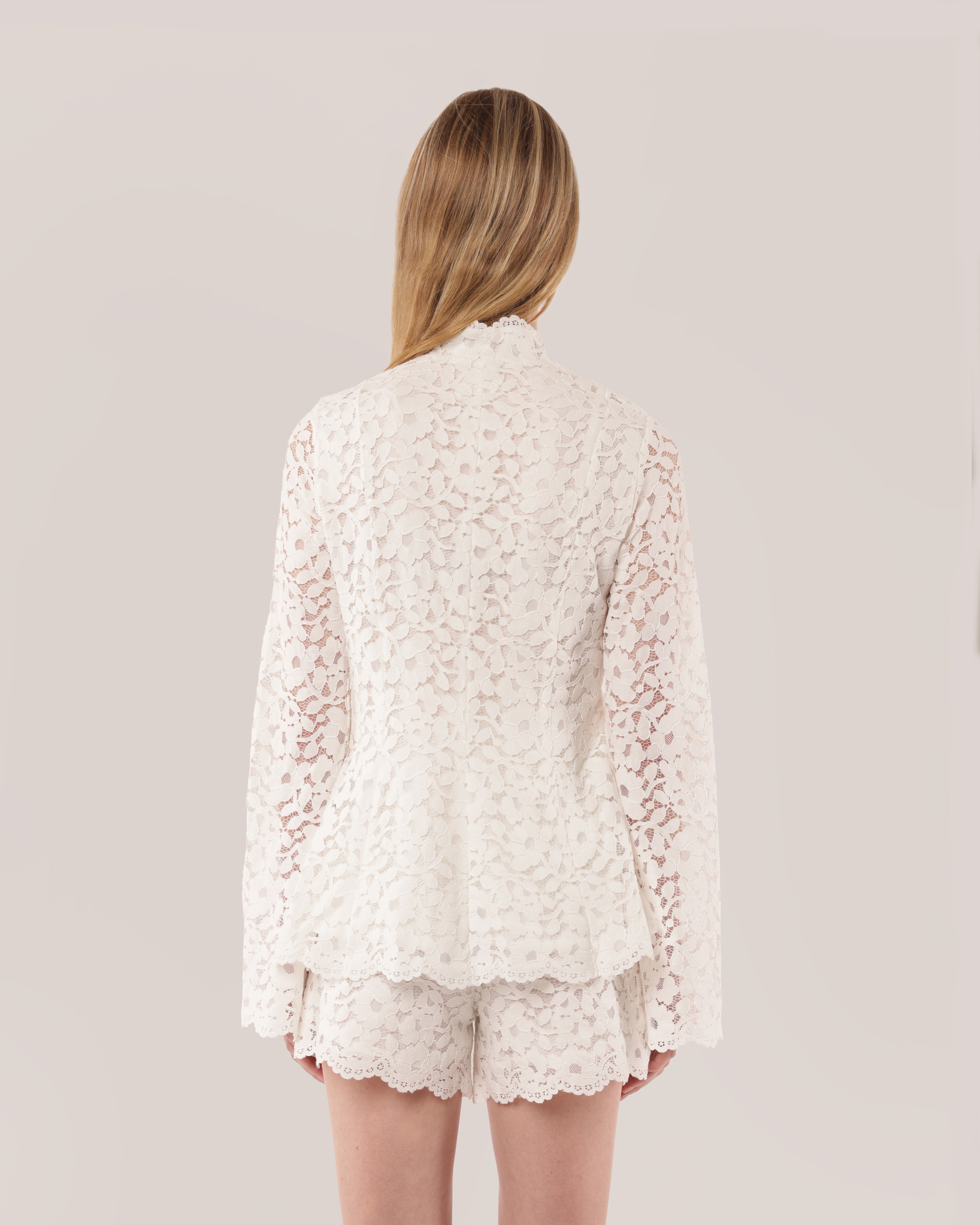 Elegant Cotton Lace Matching Set High Neck Bell Sleeve Outfit