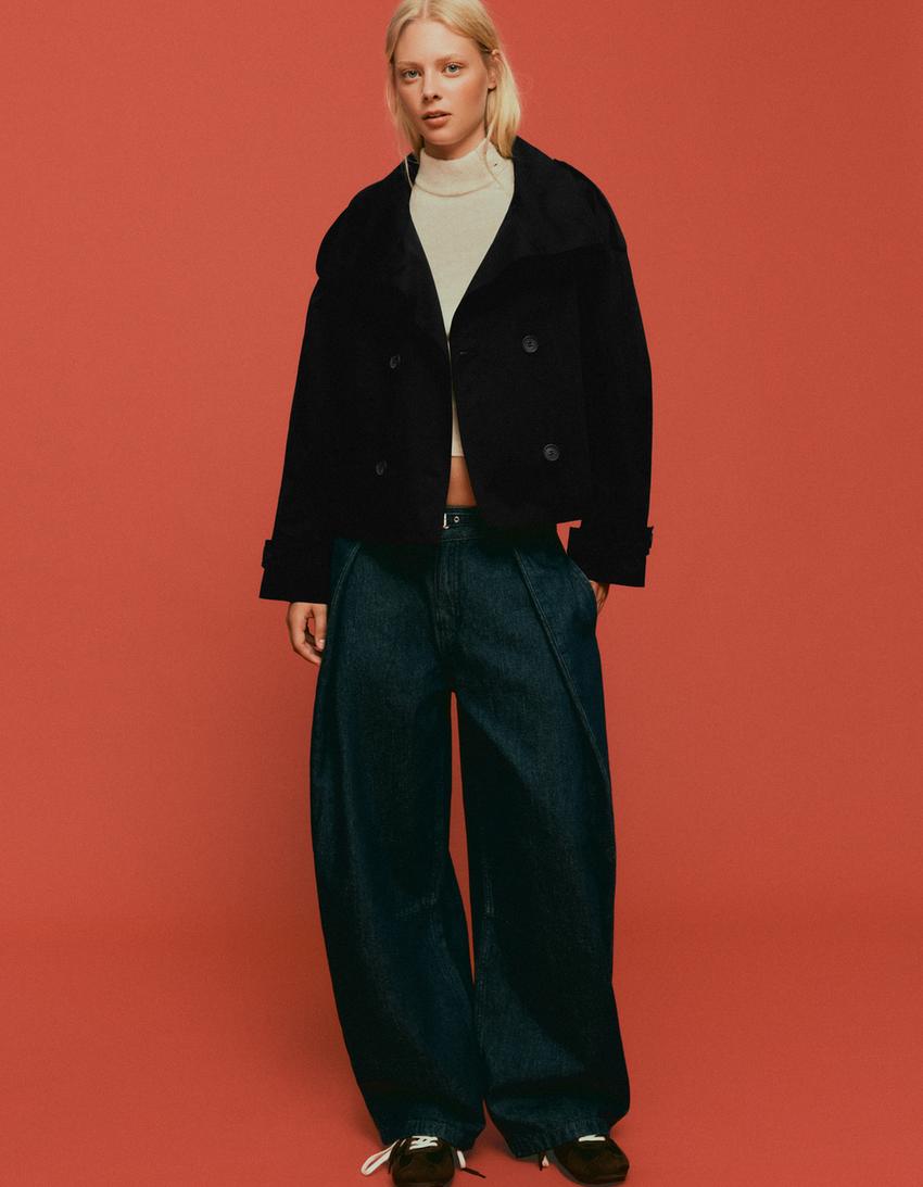 Cropped Trench Coat for Women, Stand Collar Double Breasted Belted Short Windbreaker Jacket