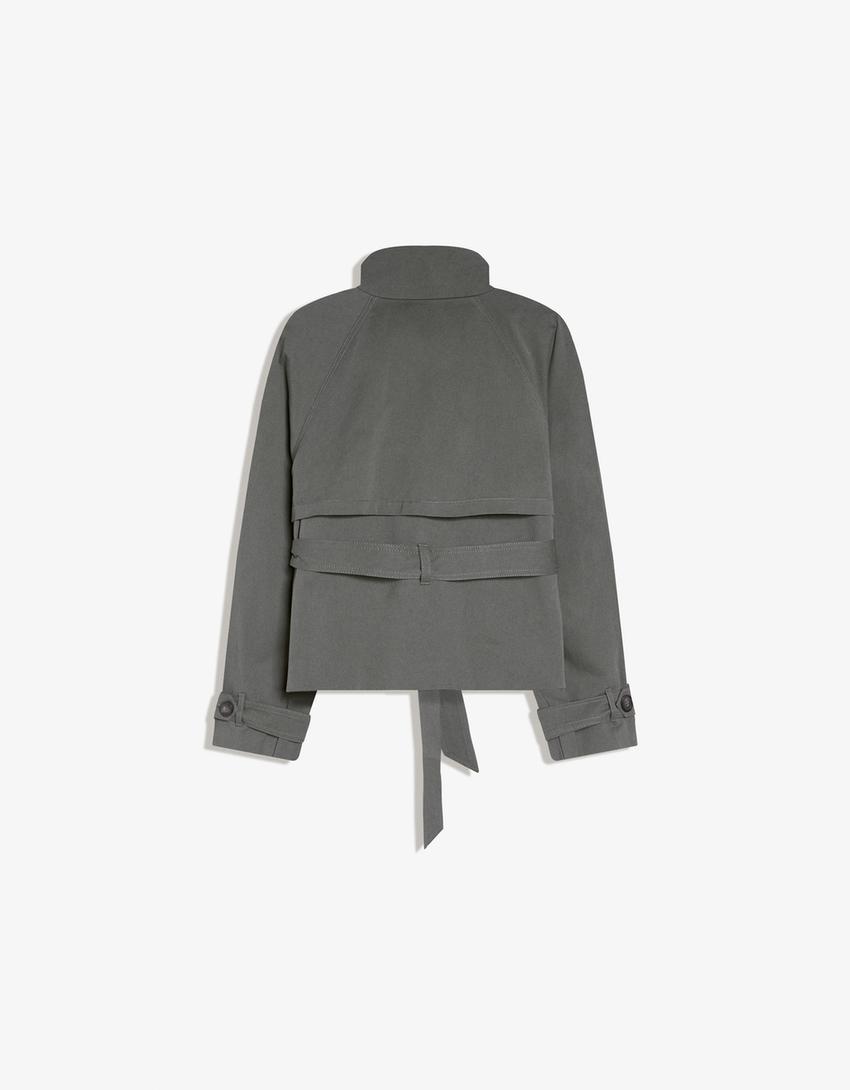 Cropped Trench Coat for Women, Stand Collar Double Breasted Belted Short Windbreaker Jacket
