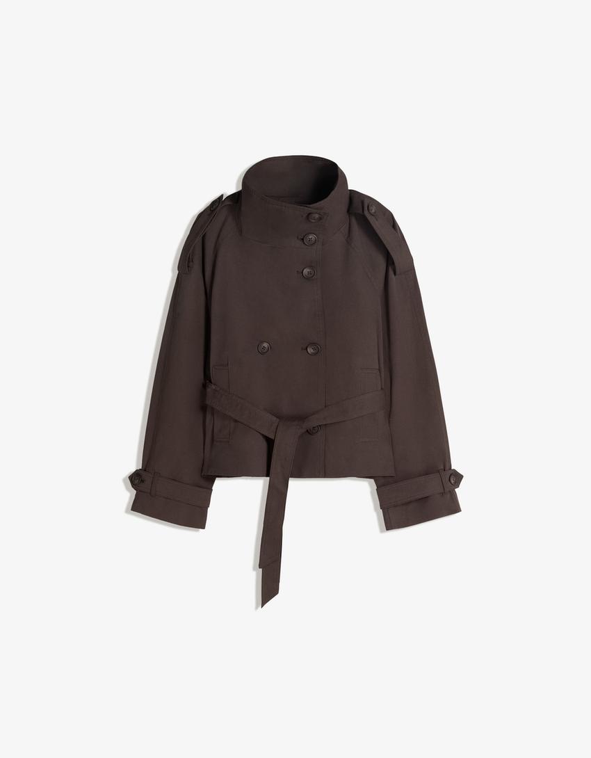 Cropped Trench Coat for Women, Stand Collar Double Breasted Belted Short Windbreaker Jacket