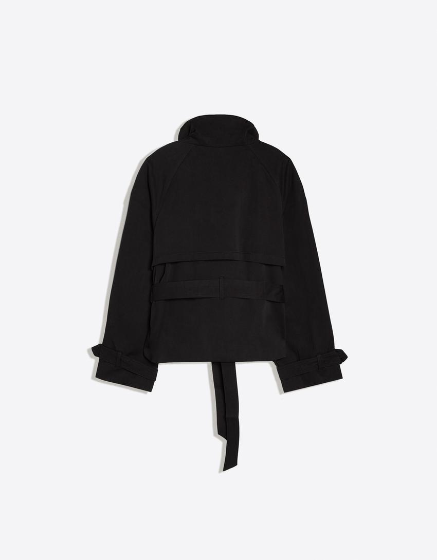 Cropped Trench Coat for Women, Stand Collar Double Breasted Belted Short Windbreaker Jacket
