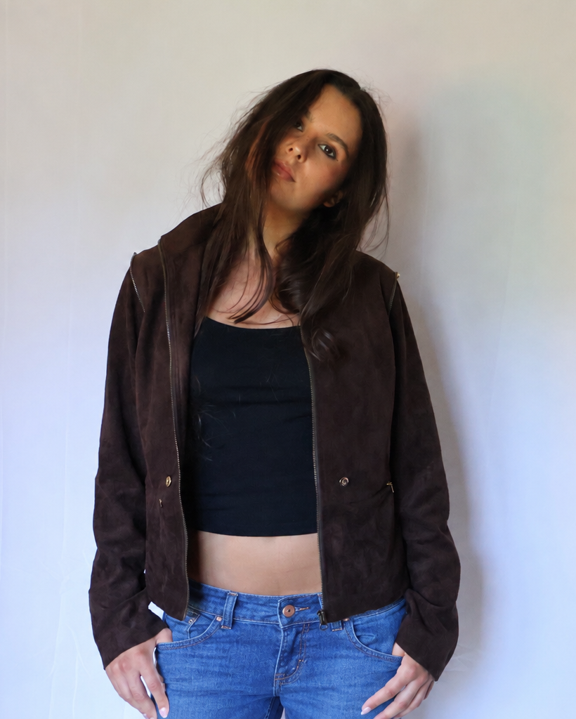 Vintage Dark Brown Faux Suede Convertible Jacket, Transforms Into Crossbody Bag