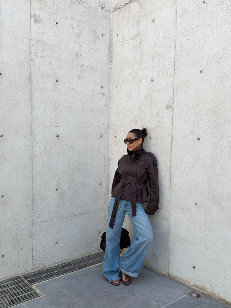 Cropped Trench Coat for Women, Stand Collar Double Breasted Belted Short Windbreaker Jacket