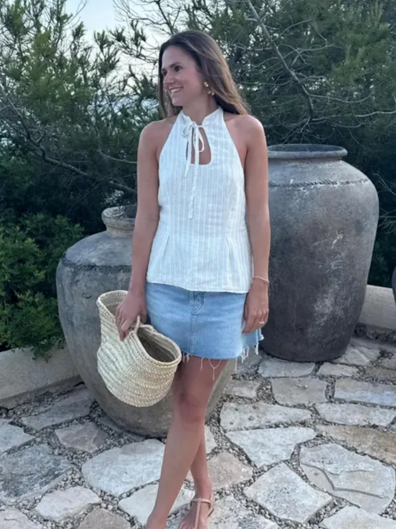 VACAY MODE STRIPED HALTER TOP