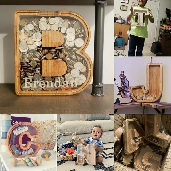 Personalized 26 Letters Piggy Bank Custom Name Wooden Money Box