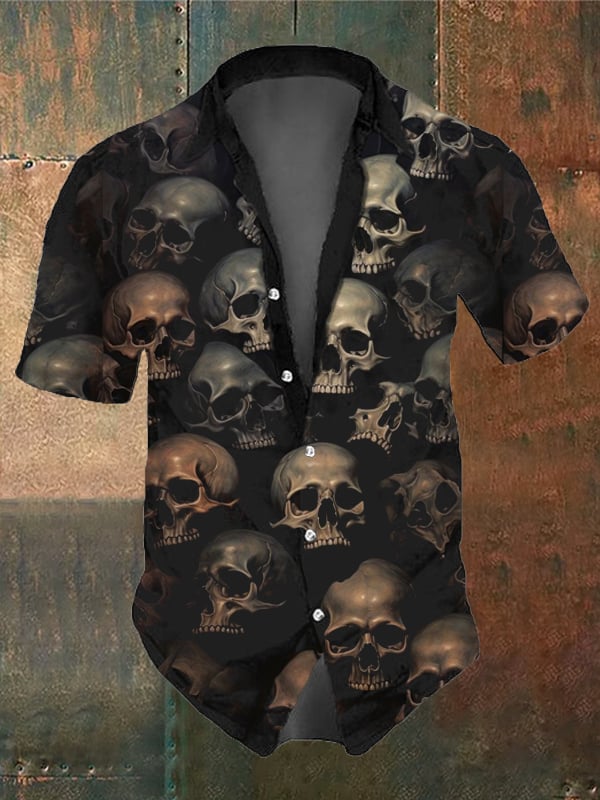 Men's Retro Dark Skull Casual Pocket Short Sleeve Shirt