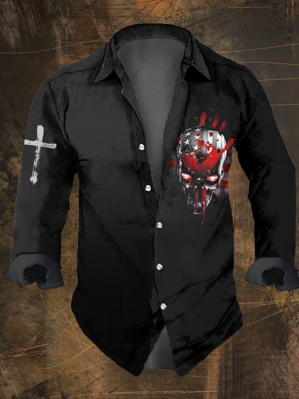 Men's Vintage Dark Skull Print Long Sleeve Shirt