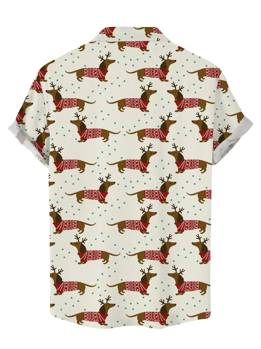 Cute Christmas Dachshund Print Casual Short Sleeve Shirt