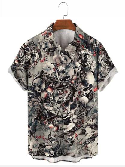 Men's Retro Distressed Skull Short Sleeve Shirt