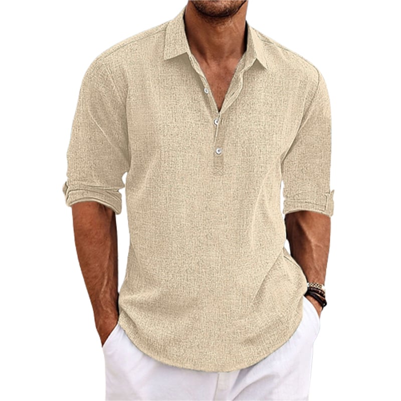 Men Solid Color Lapel Long Sleeve Cotton Linen pullover shirt