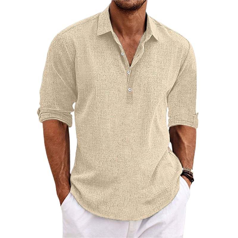 Men Solid Color Lapel Long Sleeve Cotton Linen pullover shirt