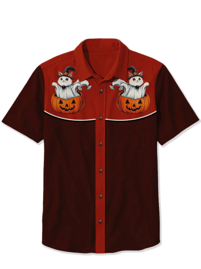 Halloween Pumpkin Ghost Kitten Print Shirt
