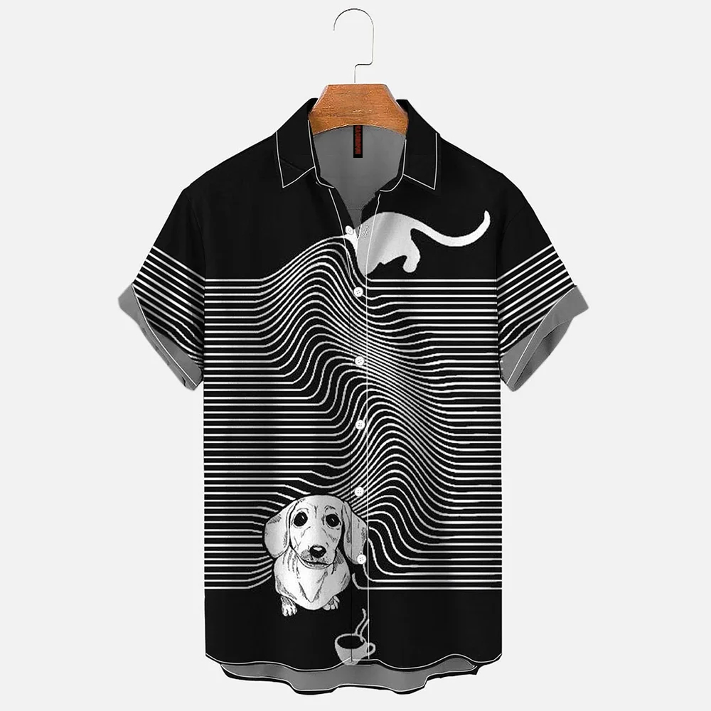 Black Background Dachshund Visual Misplacement Casual Print Shirt