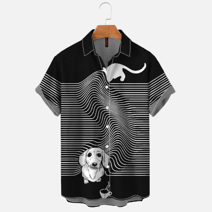 Black Background Dachshund Visual Misplacement Casual Print Shirt