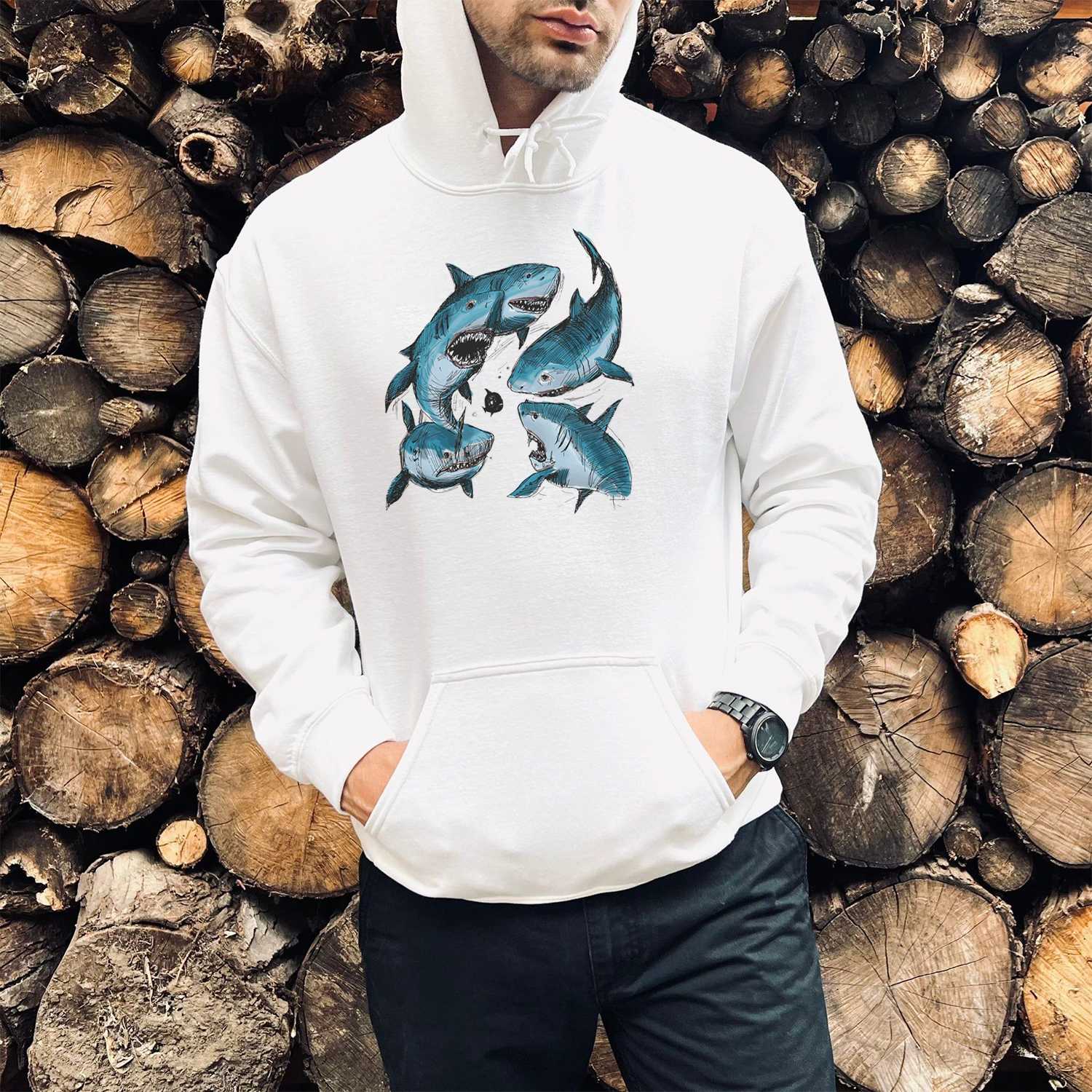 Blue Sketch Sharks Print Casual Hoodie