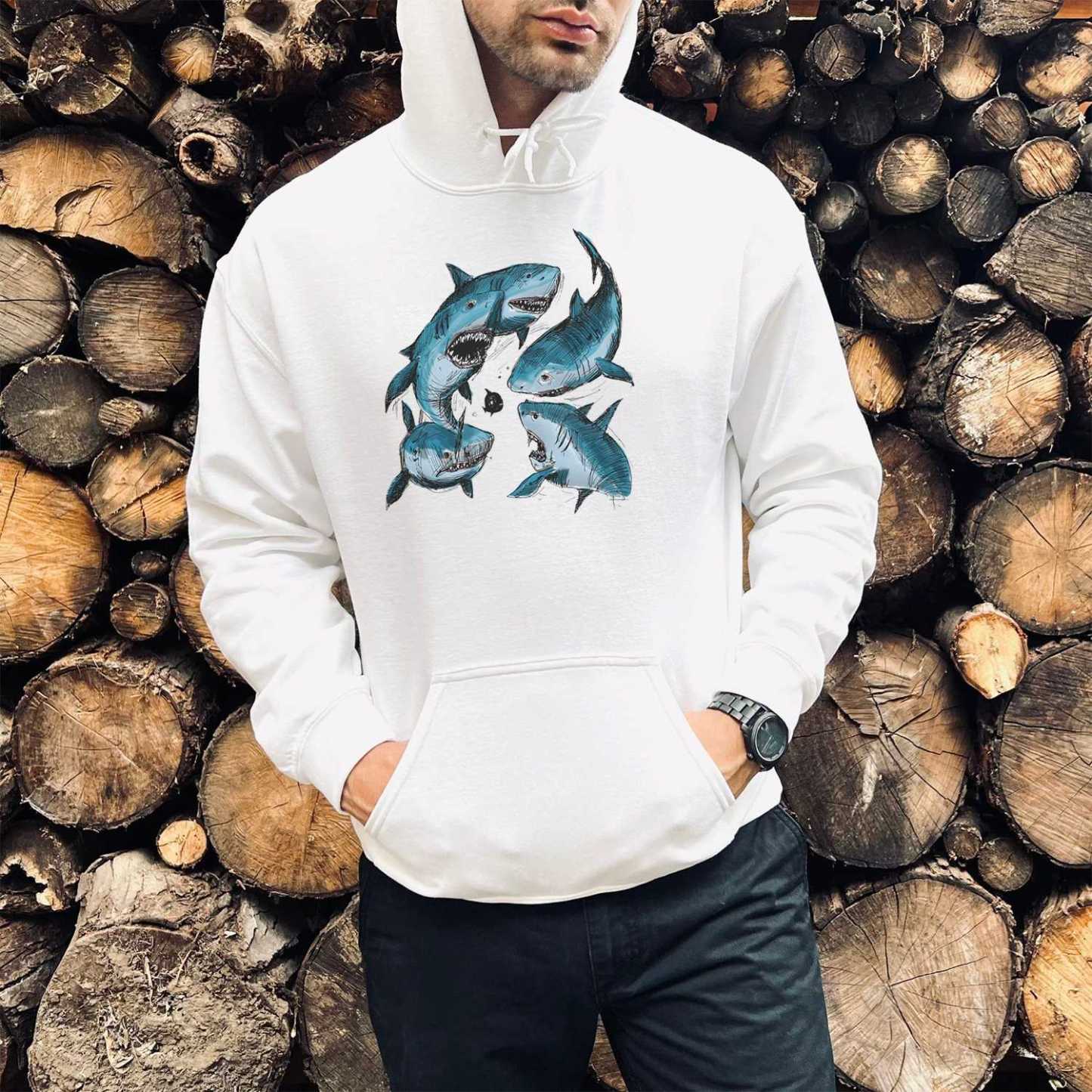 Blue Sketch Sharks Print Casual Hoodie