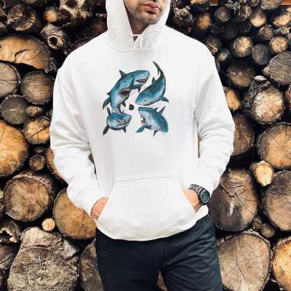 Blue Sketch Sharks Print Casual Hoodie