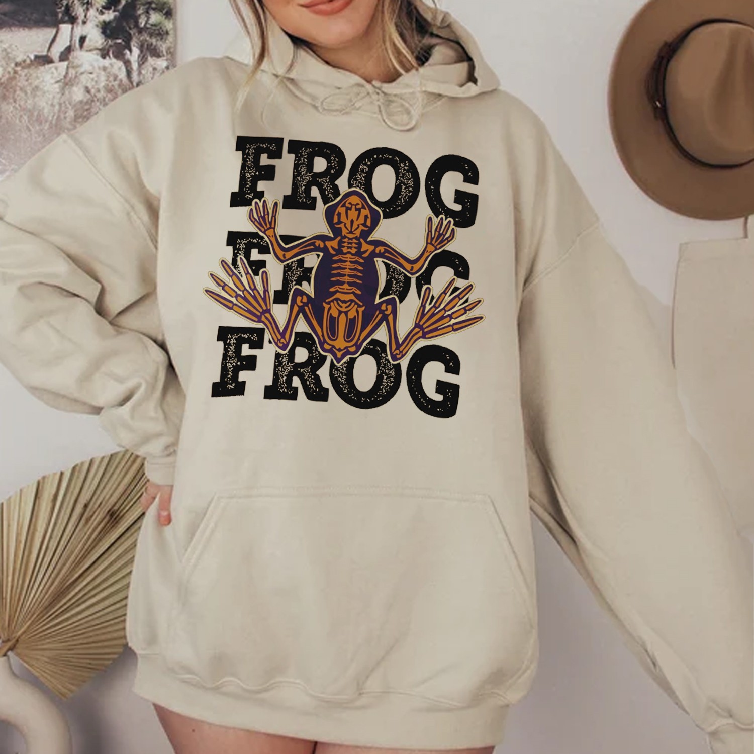 Frog Skeleton Print Casual Hoodie