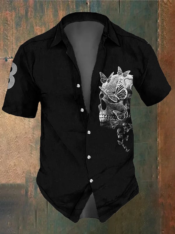 Men's Retro Dark Skull Casual Pocket Short Sleeve Shirt