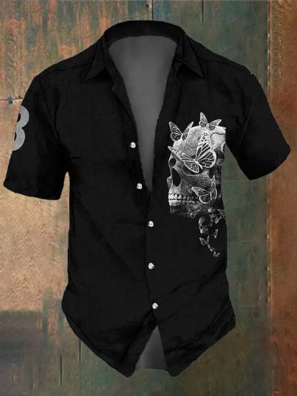 Men's Retro Dark Skull Casual Pocket Short Sleeve Shirt