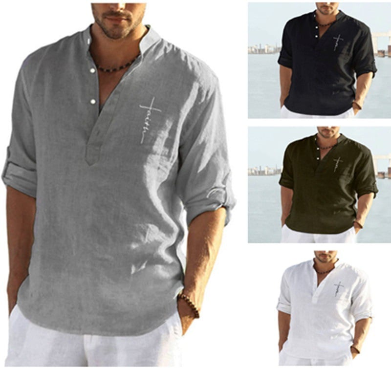 Men's Stand Collar Solid Color Casual Long Sleeve Shirt