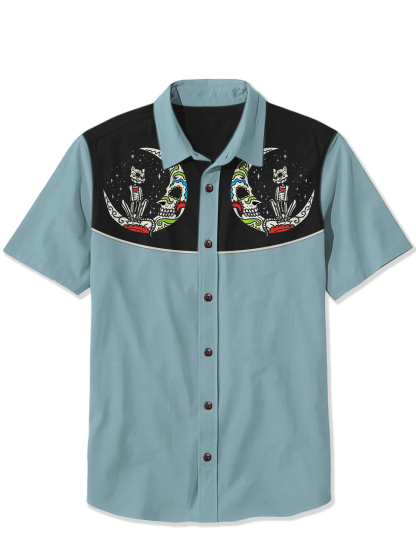 Halloween Skeleton Cat Moon Print Shirt