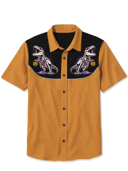 Halloween Pumpkin Dinosaur Skull Print Shirt