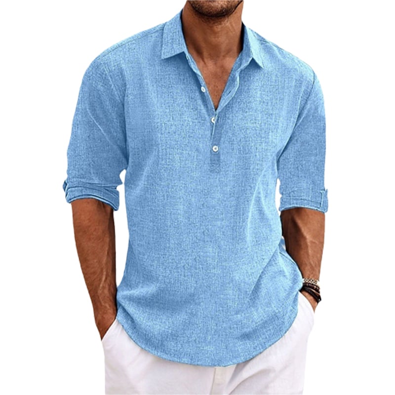 Men Solid Color Lapel Long Sleeve Cotton Linen pullover shirt