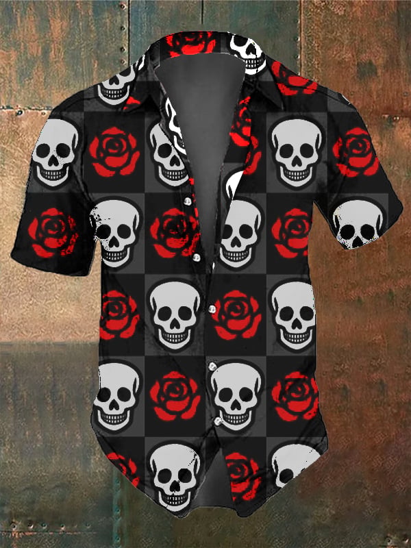 Vintage Skull and Rose Dark Short Sleeve Shirt