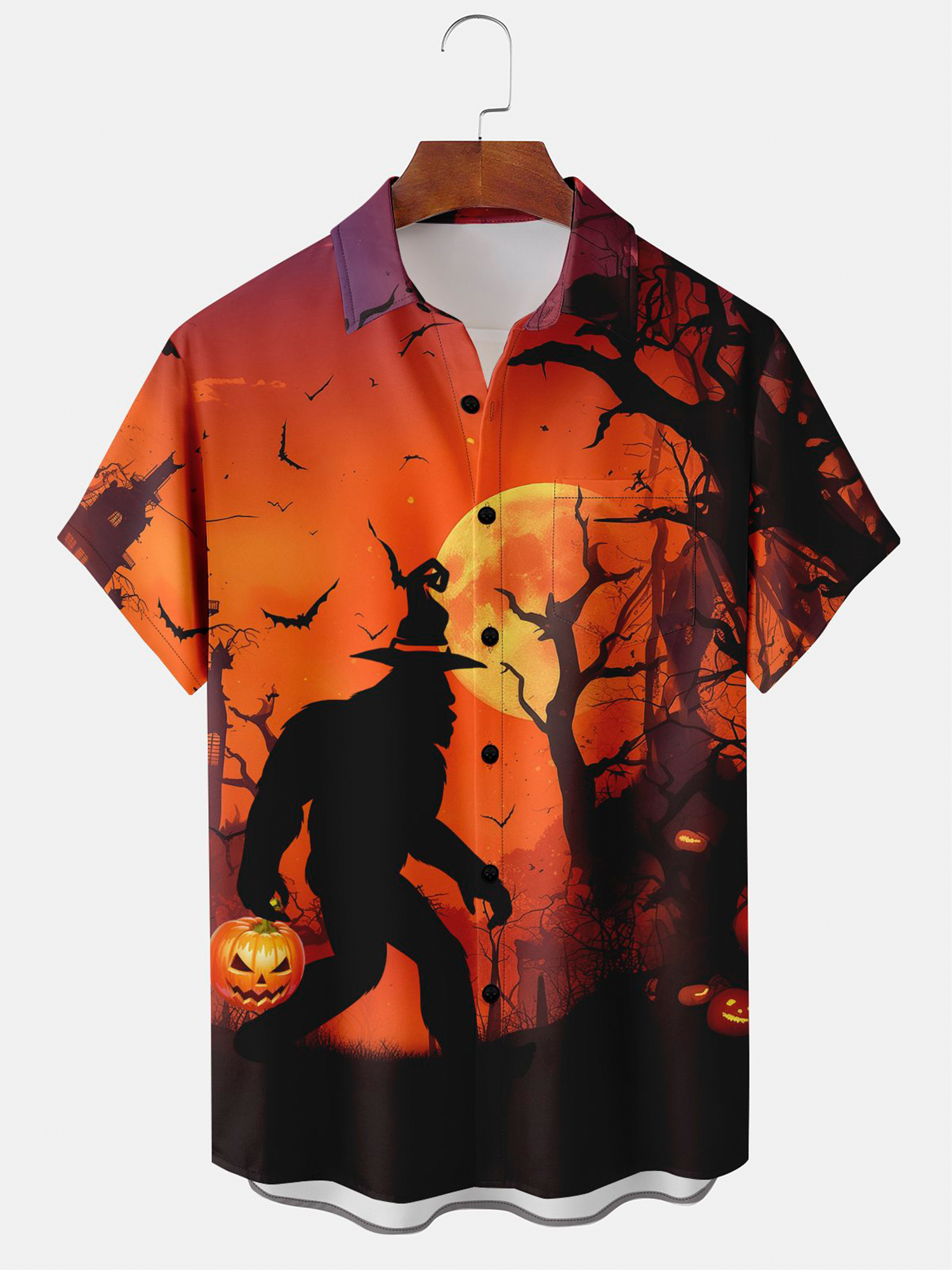 Halloween Bigfoot Chest Pocket Casual Shirt