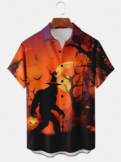 Halloween Bigfoot Chest Pocket Casual Shirt