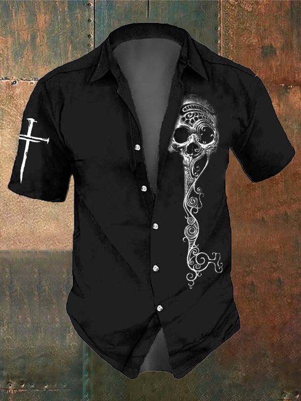 Men's Retro Dark Skull Casual Pocket Short Sleeve Shirt