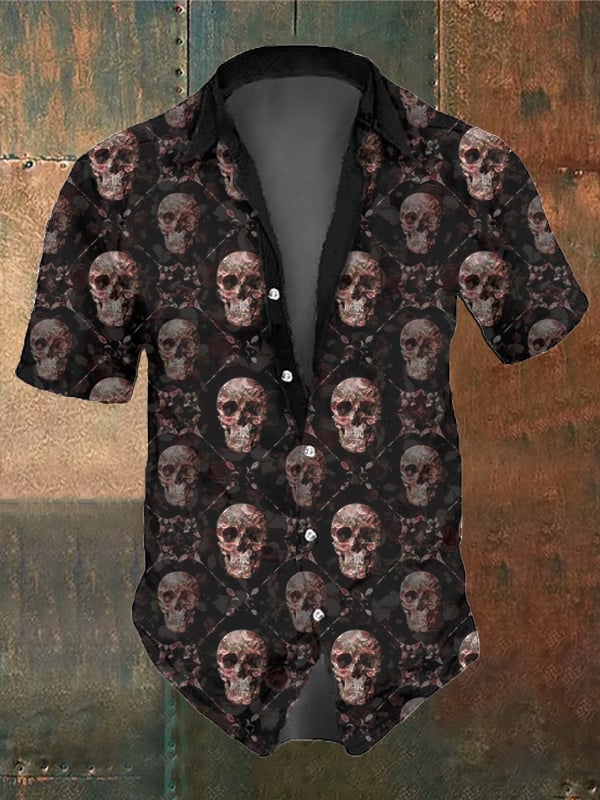 Men's Retro Dark Skull Casual Pocket Short Sleeve Shirt