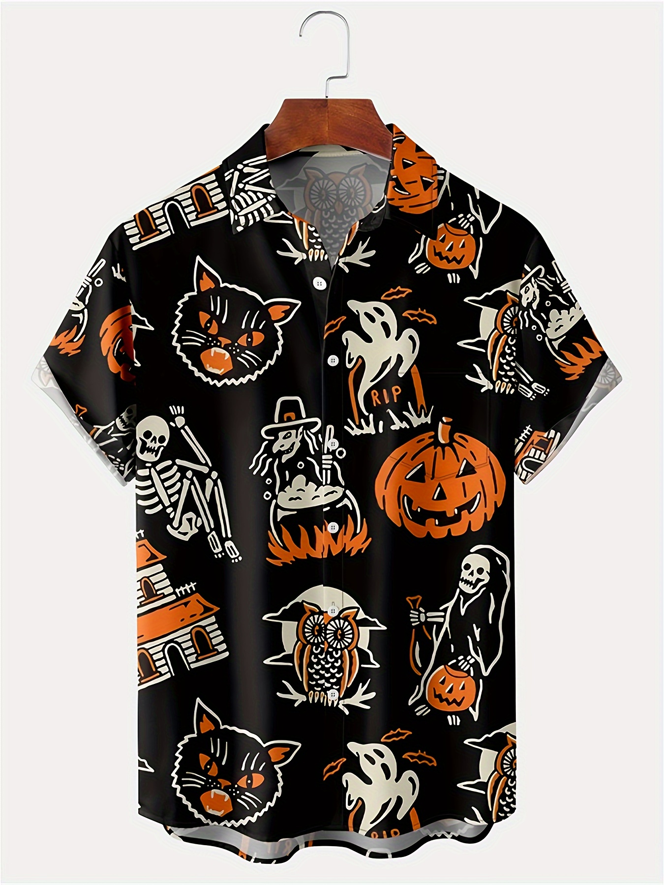 Halloween Print Short Sleeve Button-Down Shirt